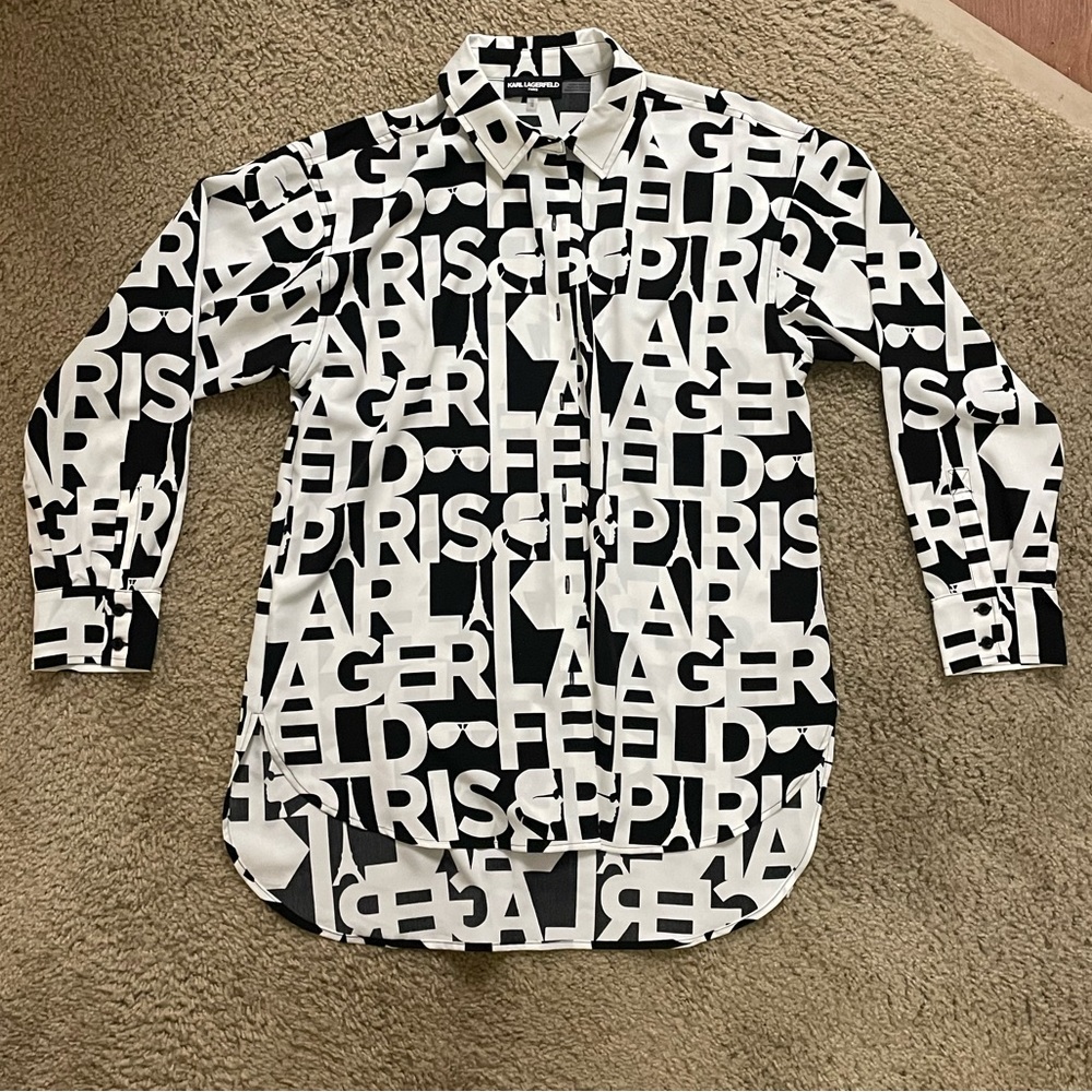 NWT Karl Lagerfeld Paris Logo Button Down Blouse